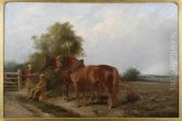 Plough Horses Resting At The Edge Of The Field Oil Painting by J. Duvall