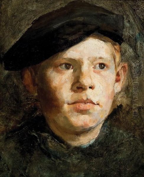 Young Boy Wearing A Cap Oil Painting by Frank Duveneck