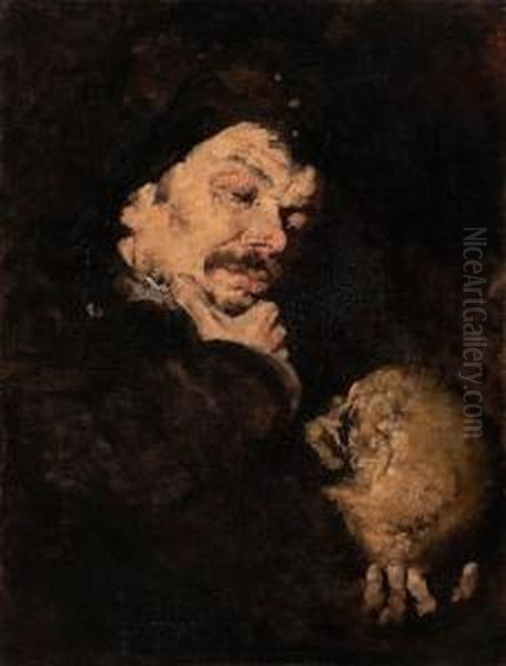 Man Holding A Skull (memento Mori) Oil Painting by Frank Duveneck