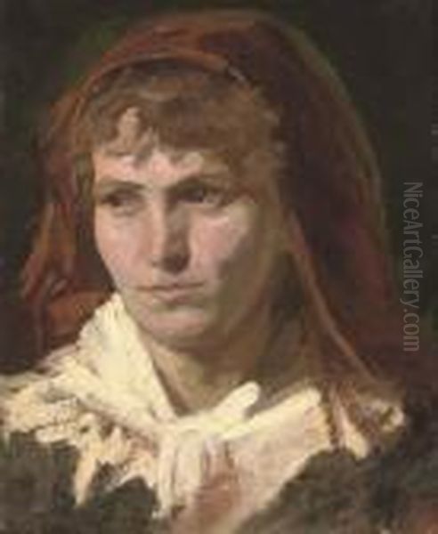 Portrait Of A Lady, Bust-length, In A Red Headscarf Oil Painting by Frank Duveneck