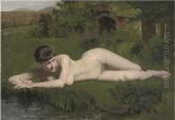 Reclining Nude On The Riverbank Oil Painting by Frank Duveneck