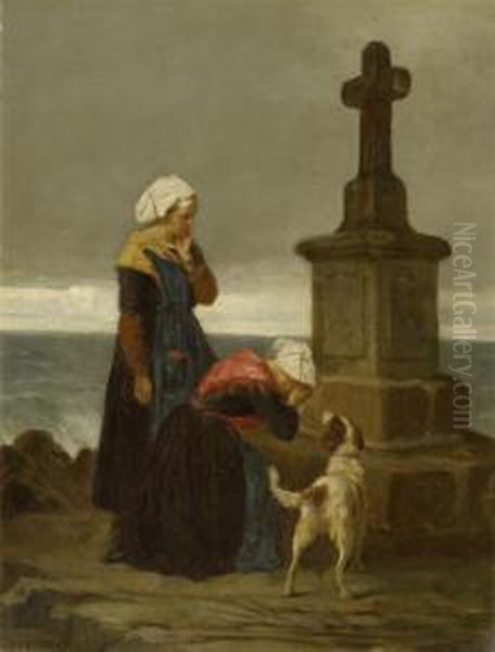 Fishermen's Spouses At A Cross Oil Painting by Theophile-Emmanuel Duverger