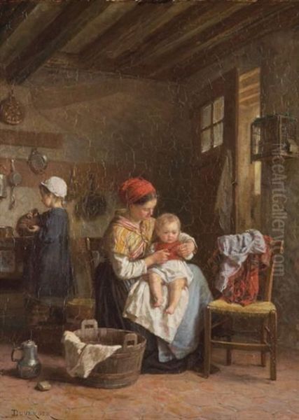 French, - Family In Asunlit Kitchen Oil Painting by Theophile-Emmanuel Duverger