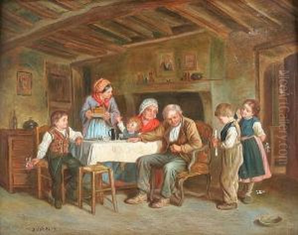 Interior With Family Gathered Around The Table Oil Painting by Theophile-Emmanuel Duverger