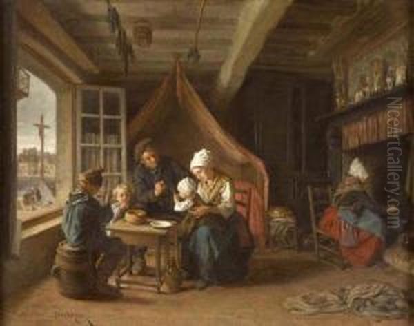 A Fisherman's Familly Oil Painting by Theophile-Emmanuel Duverger