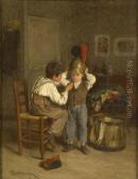 Playing At Soldiers Oil Painting by Theophile-Emmanuel Duverger