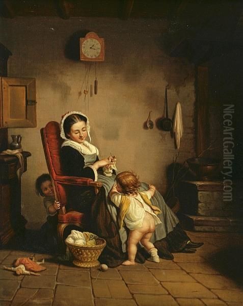 Mother With Children Oil Painting by Theophile-Emmanuel Duverger