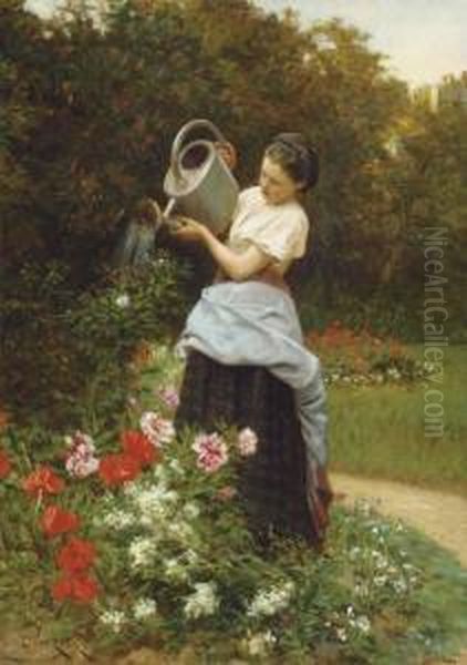 Tending The Garden Oil Painting by Theophile-Emmanuel Duverger