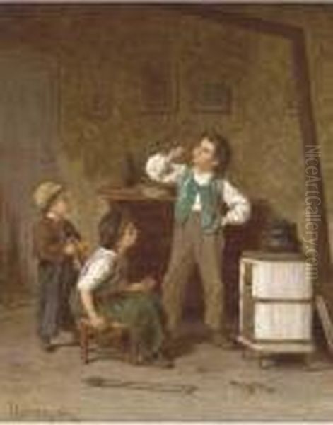 A First Smoke Oil Painting by Theophile-Emmanuel Duverger