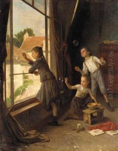 Blowing Bubbles Oil Painting by Theophile-Emmanuel Duverger