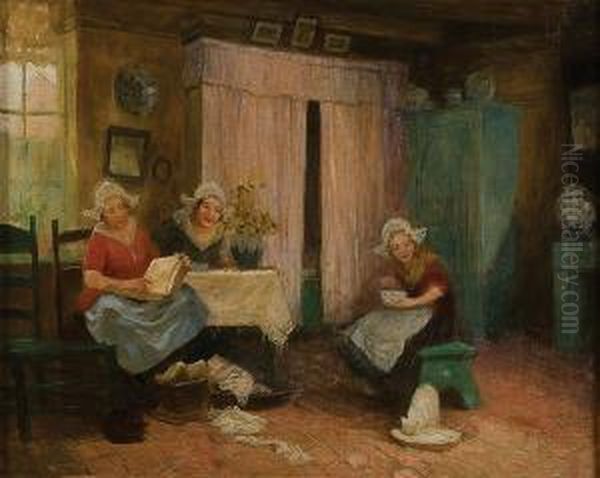 Interior Scene With Women Visiting Oil Painting by Carl Duxa