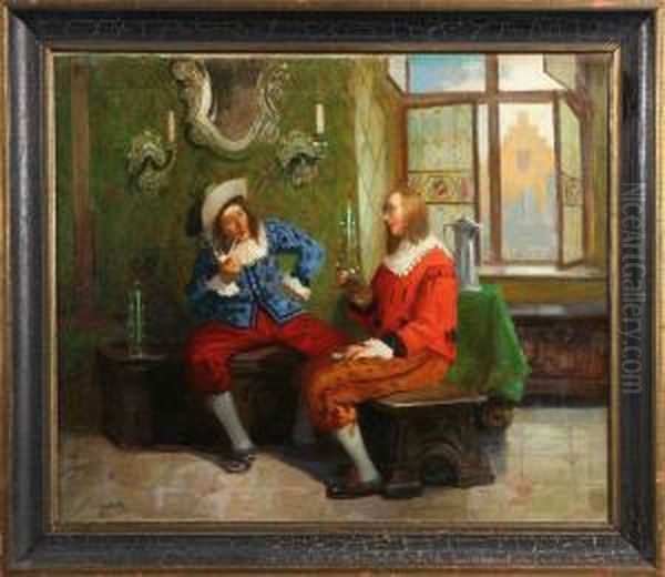 Barockinterior Med Figurer, Signerad C. Duxa Oil Painting by Carl Duxa