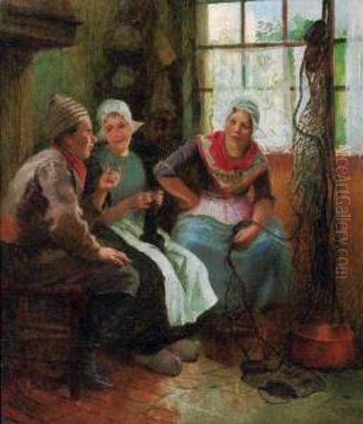 Mending The Nets Oil Painting by Carl Duxa