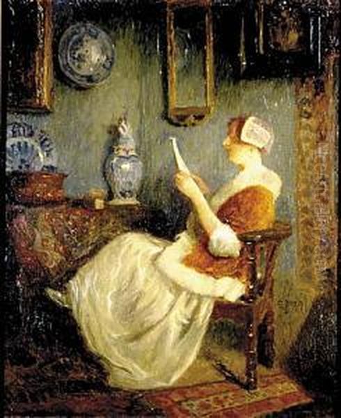 Interior With Lady Reading Oil Painting by Carl Duxa