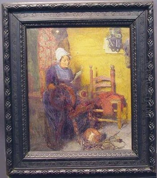 Woman At Her Spinning Wheel Oil Painting by Carl Duxa