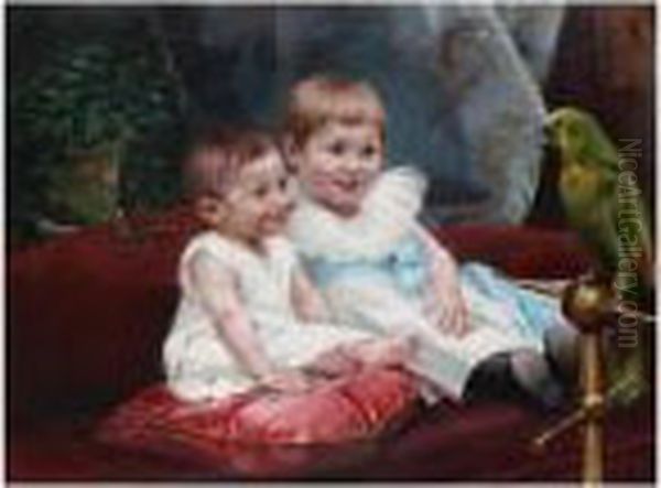 Children With A Parrot Oil Painting by Franz Dvorak