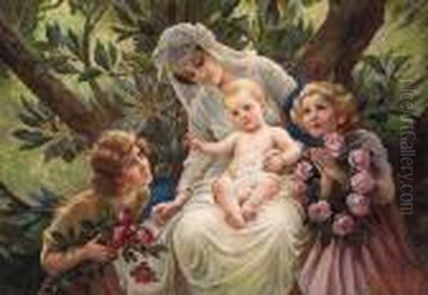 A Floral Tribute To A Mother And Child Oil Painting by Franz Dvorak