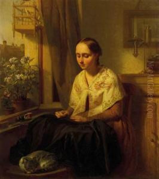 A Girl Doing Needlework Oil Painting by Josephus Laurentius Dyckmans