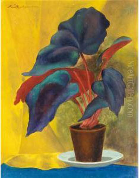 Begonias On Yellow Oil Painting by Konstantin V. Dydyshko