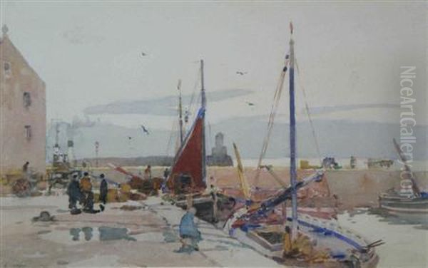 Docked Fishing Boats Oil Painting by Robert Eadie