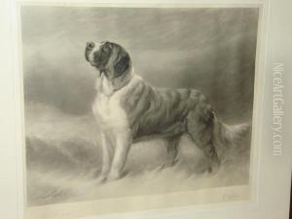 A St Bernard Dog In The Snow Oil Painting by Maud Earl