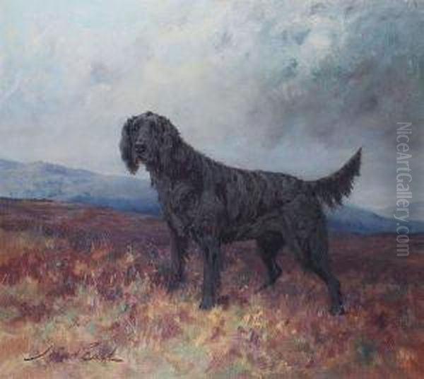 Cover Point - A Flat Coat Retriever On Amoor Oil Painting by Maud Earl