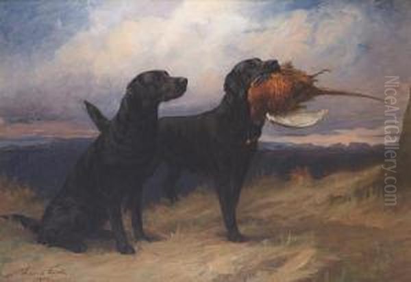 Portrait Of The Black Labrador 
'peter Offaskally' Holding A Cock Pheasant, With His Mate 'dungavel Jet'
 Ina Landscape Oil Painting by Maud Earl