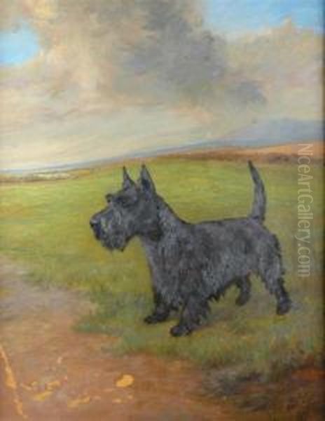 'jerry', A Scottish Terrier In A Landscape Oil Painting by Maud Earl