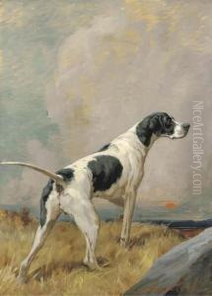 A Pointer In A Landscape At Sunset Oil Painting by Maud Earl