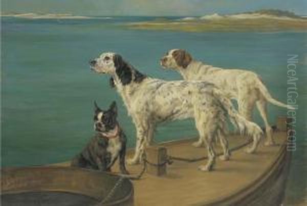 For Divers Reasons: Two Setters And A Boston Terrier On A Barge Oil Painting by Maud Earl