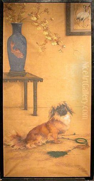 Asian Inspired - A Pekingese Seated In An Interior Oil Painting by Maud Earl