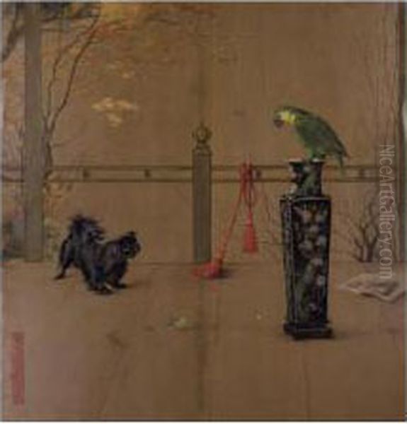 The Parrot And The Pekinese Oil Painting by Maud Earl