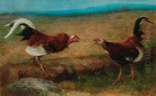 Cock Fighting Oil Painting by Maud Earl