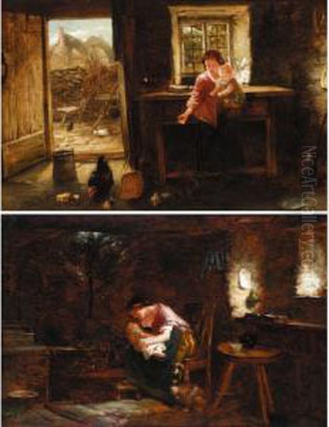 Feeding The Chickens; Warming By The Fire Oil Painting by Thomas William Earl