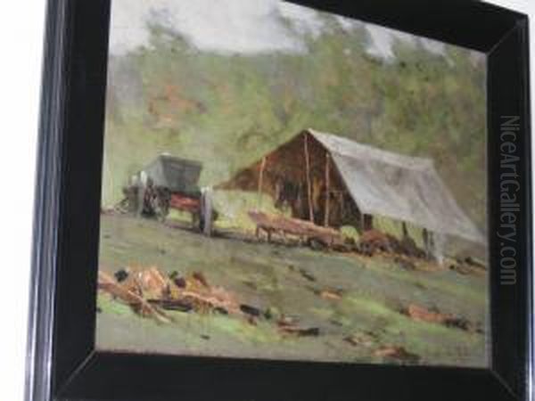 Animal Shelter In A Field, With Horses Feeding At A Trough Oil Painting by Lawrence Carmichael Earle