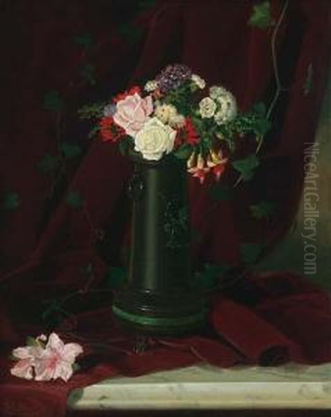 Floral Still Life On A Marble Tabletop Oil Painting by Lawrence Carmichael Earle