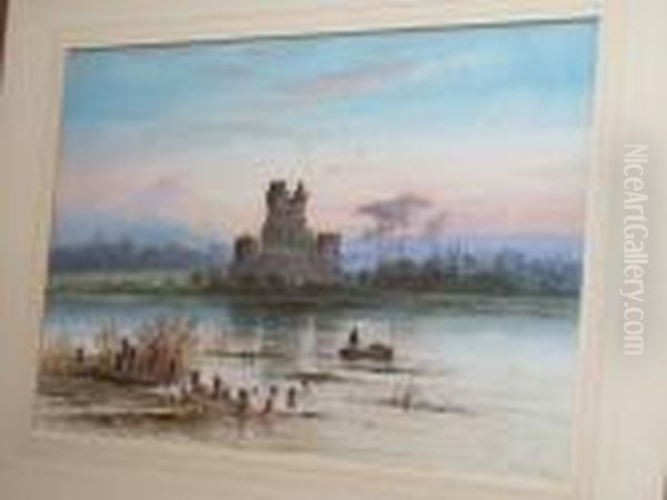 River Scene With Ruined Castle Oil Painting by Edwin Earp