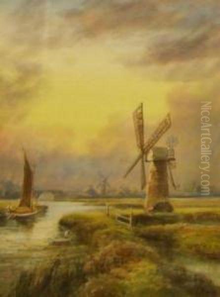 Broad Scene With Wherry And Windmills Oil Painting by Edwin Earp