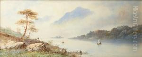 A Highlandlandscape, With Cottages A Mist Shrouded Highland Lock Oil Painting by Edwin Earp