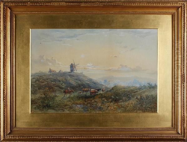 Landscape With Windmill On The Horizon Andcattle Herded By A Man On Horseback Oil Painting by Henry Earp