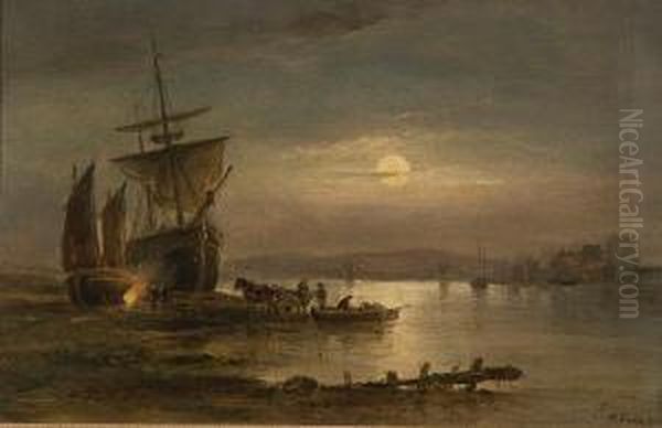 Moonlit Harbour Scene With Suspension Bridgeto The Rear Oil Painting by Henry Earp