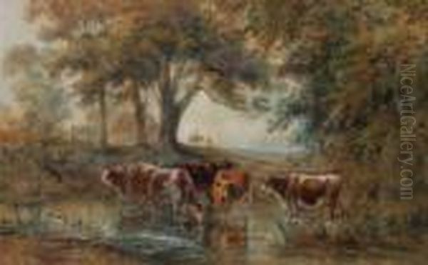 Woodland Streamwith Cattle Watering Oil Painting by Henry Earp