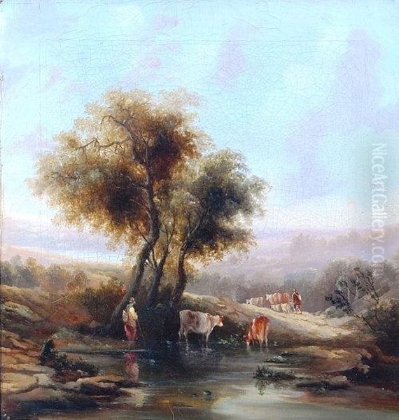 Cattle Being Driven In A Rural Landscape Oil Painting by Henry Earp