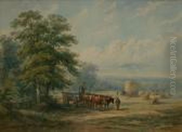 Landscape With Figures Beside Oxen And A Cart Oil Painting by Henry Earp