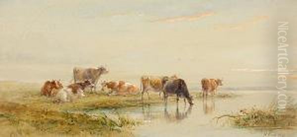 Cattle Watering Oil Painting by Henry Earp