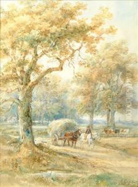 Snr. A Wooded Landscapewith A 
Hay Cart Passing Cattle With A Town In Thedisctancewatercolour And 
Bodycolour Oil Painting by Henry Earp