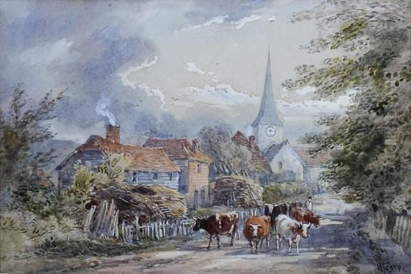 Drover And Cattle On A Village Street Oil Painting by Henry Earp