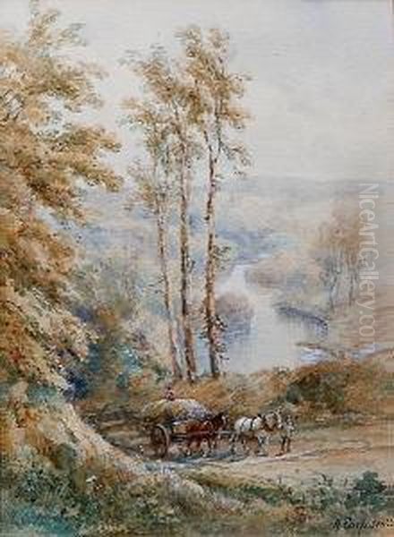 Cart Horse Team On A Country Lane Beside A River, Signed Lower Right Oil Painting by Henry Earp