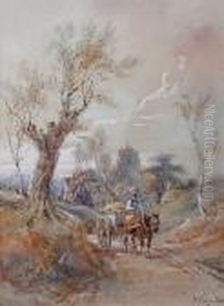 Figure Driving A Horse And Cart 
On A Country Lane, A Church In The Mid Distance, Signed Lower Right Oil Painting by Henry Earp