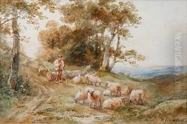 Shepherd With Flock Grazing Beside A Fallen Tree, Signed Lower Right Oil Painting by Henry Earp